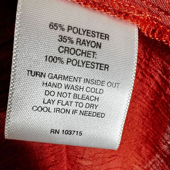 Hannah Plus Size Peasant Top Sz 1X Orange Crochet Neckline 3/4 Sleeve Rayon Poly - Picture 7 of 7